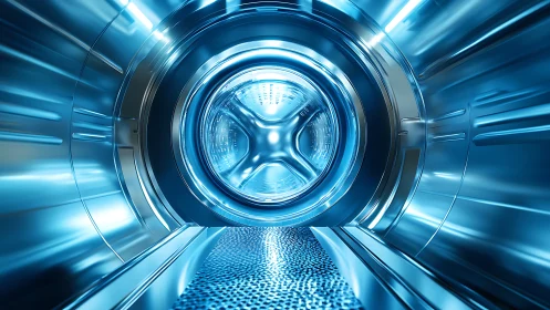 Futuristic stainless steel washing drum glows with cool light