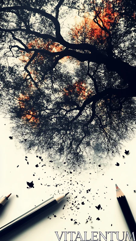 Graphite daydream where shattered pencils grow burning trees.