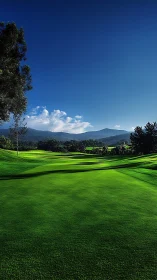 Sunlit golf fairway stretches toward distant blue mountains.