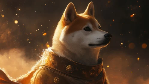 Dog in ornate armor stands against dark, ember-filled field