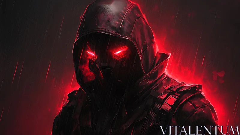 Hooded cybernetic operative with red visor glow in rainstorm