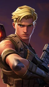 Blond battle hero locks a steady gaze at twilight skies.