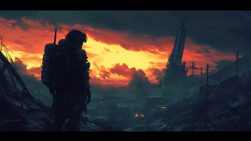 Lone wasteland wanderer under burning postwar sky.
