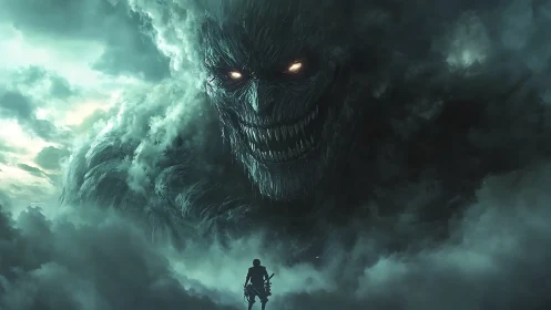 Colossal cloud demon looms over armed silhouette in atmospheric fog