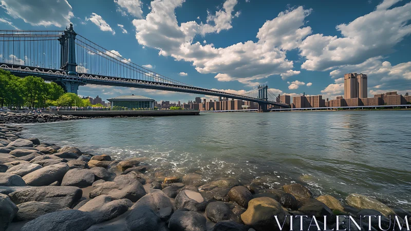 Suspension bridge over urban riverfront under scattered clouds.