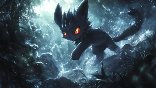 Digital painting of glowing-eyed creature in stormy forest.