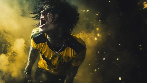 Shouting tattooed singer amid swirling yellow smoke storm.