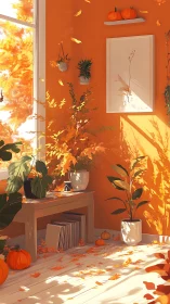 Sunlit orange studio corner with pumpkins and autumn foliage