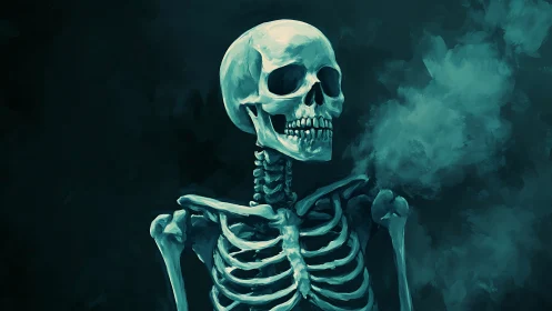 Moonlit skeleton muse in teal smoke and quiet grins.
