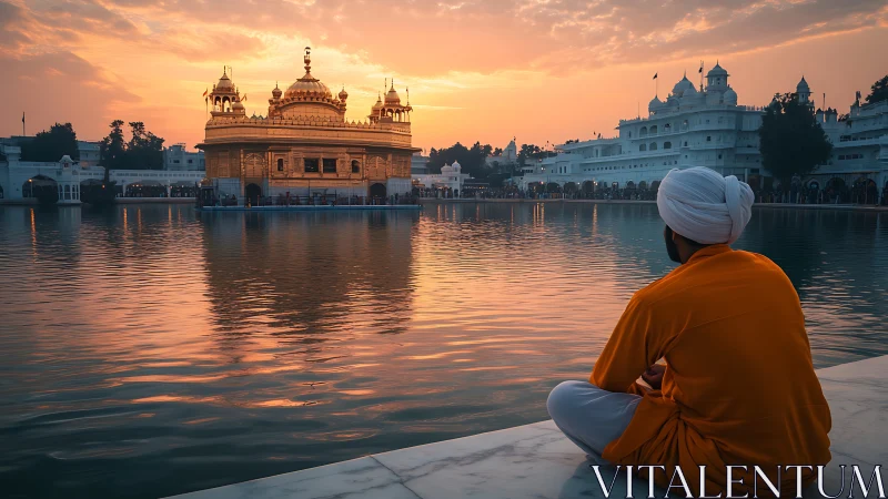 Golden temple glows at sunset as seated devotee reflects.