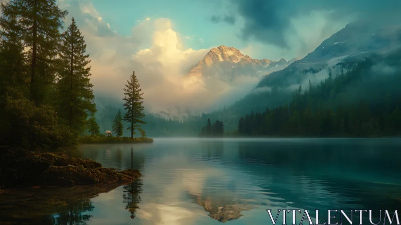 Fog-kissed lake cradling sunrise-lit mountain guardians.