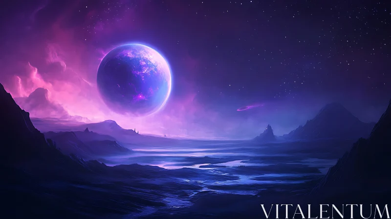 Dreamy violet planet rising over a tranquil alien shore.