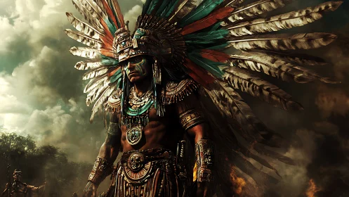 Majestic feathered warrior standing proud beneath stormy skies.