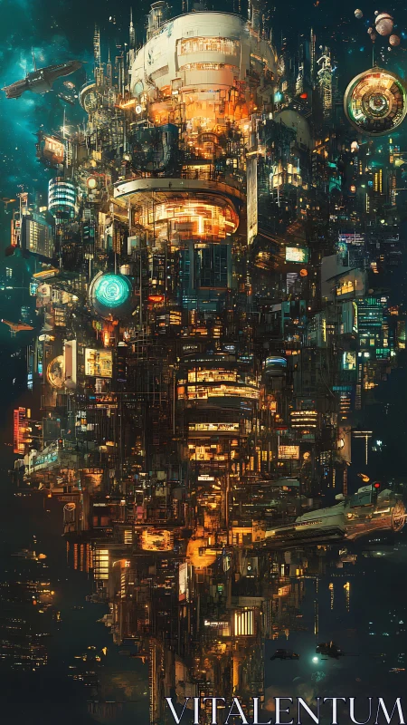 Starlit mega-spire hums above a crowded cybernetic void.