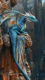 Blue-scaled dragon rests on stratified cliff ledge in profile