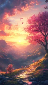 Digital landscape depicts sunset valley with flowering tree