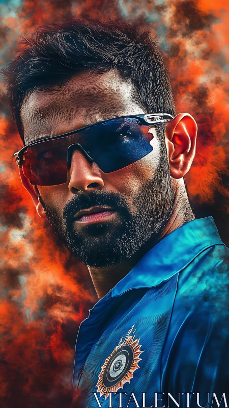 Cricket portrait with intense glare and fiery backdrop.