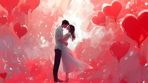 Couple Kissing Amid Floating Heart Balloons in Red Sky