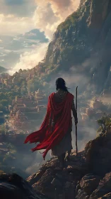 Wanderer overlooks sunlit valley city from misty cliffs.