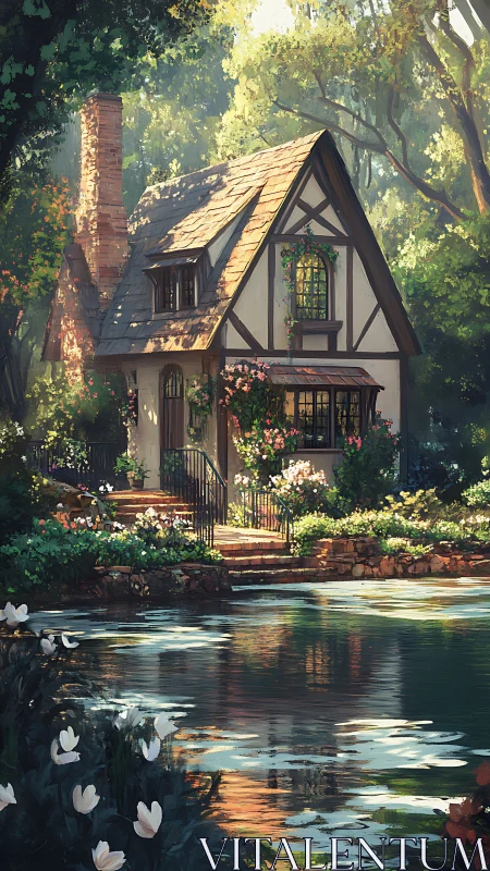 Sunlit cottage nestles by a quiet pond in a flowered garden