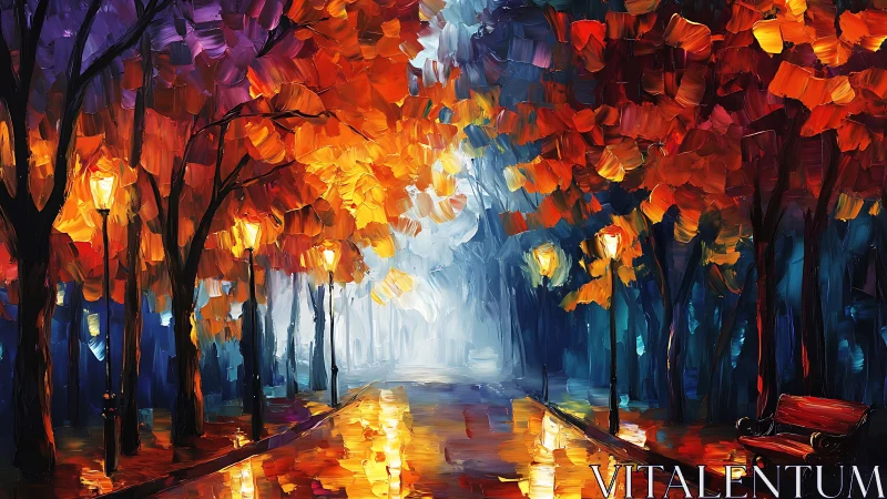 Autumn city park pathway with wet reflections and lampposts.