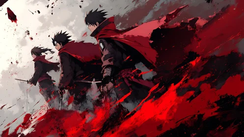 Dynamic anime warriors in red cloaks with kinetic brushwork.