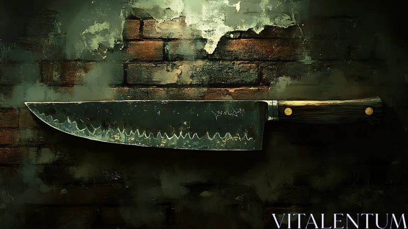 Chef knife lies horizontally against distressed brick wall