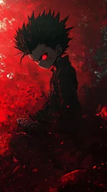 Dark anime boy radiates ominous red aura in chaos.