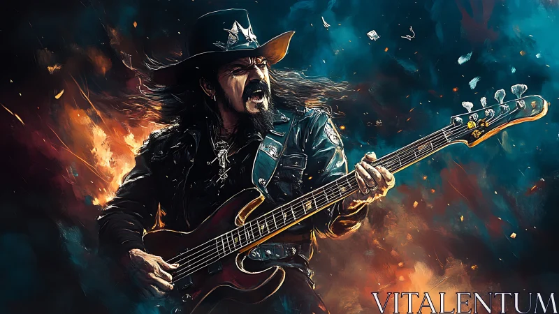 Electric rock bassist in flames and smoke, dynamic digital painting