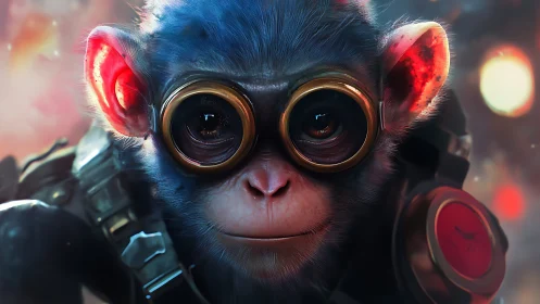 Blue-furred monkey in goggles wearing tactical gear close-up.
