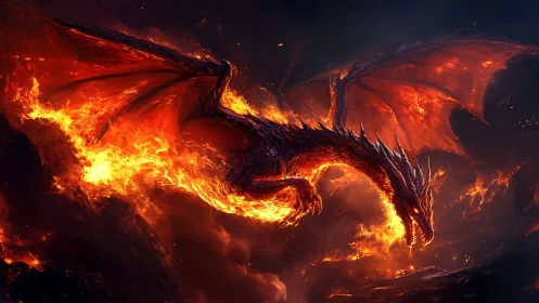 Fiery crimson dragon erupts from molten inferno skyward.