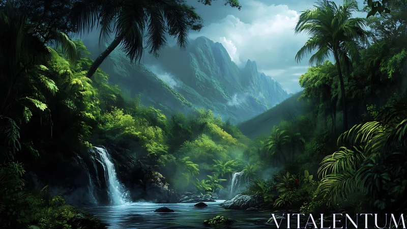 Tropical Paradise: Misty Waterfalls Meet Majestic Mountain Peaks