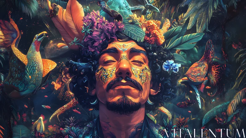 Male portrait merges with neon jungle fauna in surreal reverie