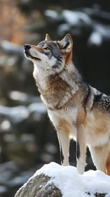 Winter-lit wolf standing alert on snow-covered rock outcrop.