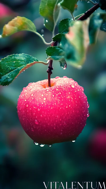 Red apple with water droplets hanging from tree branch.