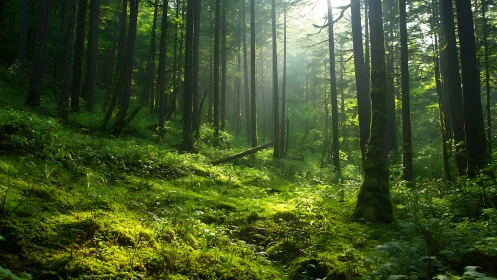 Dense Green Forest with Sunlight Through Trees
