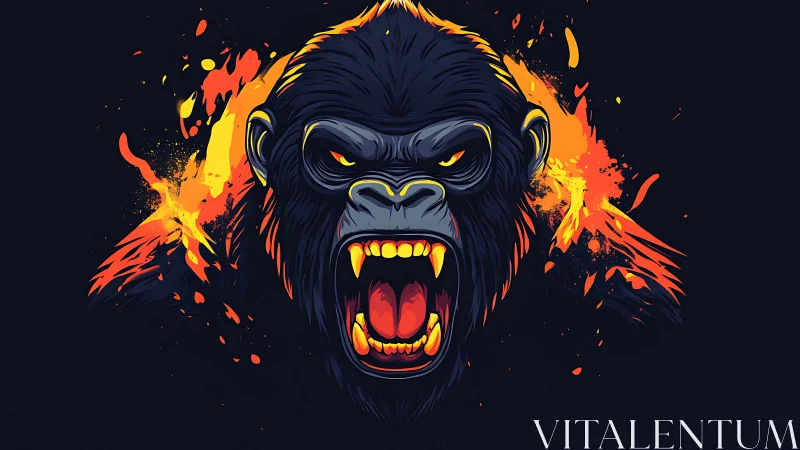 Blazing neon gorilla roar crowned in wildfire splashes.