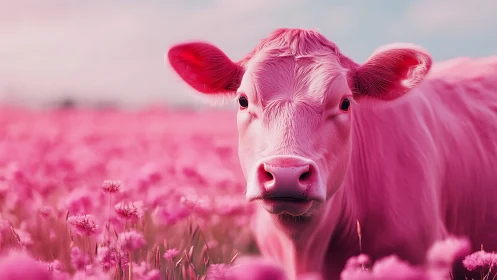 Vibrant pink cow stands serene in dreamy flower meadow