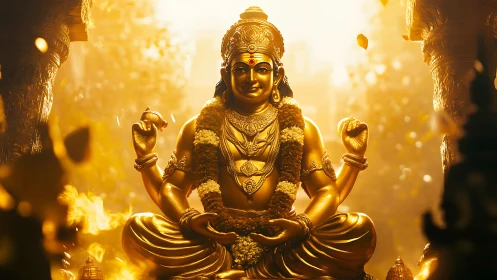 Golden deity seated in cascading light and drifting petals.