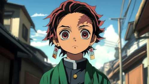 Anime street portrait with scarred youth and pendant earrings.