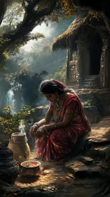 Woman in red sari cooks beside forest hut in soft sunlight