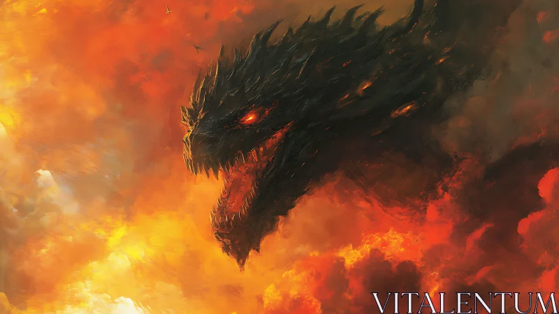 Dragon head silhouette emerges from dense orange fire cloud