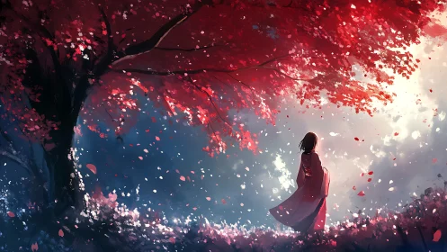 Solitary figure stands under blazing red blossom canopy