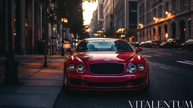 Red luxury coupe parked on city street at dusk.
