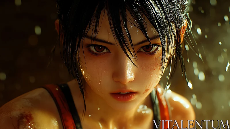 Hyperreal anime portrait captures intense, water-soaked gaze