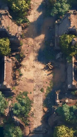 Top-down ruined stone avenue with overgrown modular temple blocks