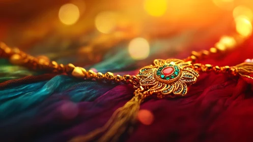 Golden festive bracelet rests on glowing silk colors