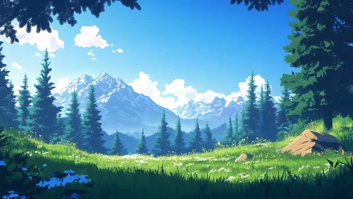 Sunlit mountain meadow opens onto peaceful alpine forest