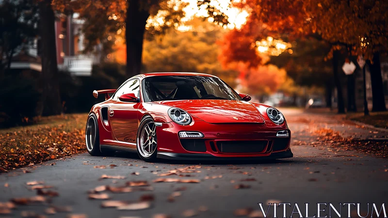 Red sports coupe sits low on street among autumn foliage