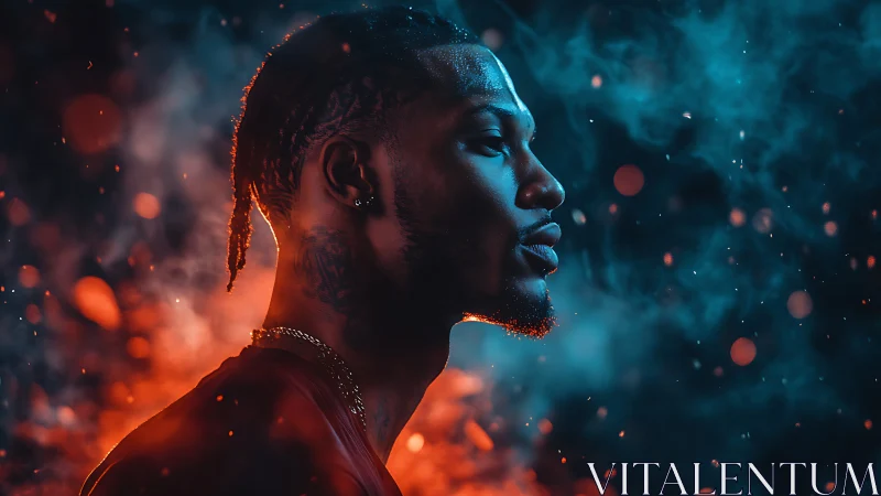 Moody neon portrait in cinematic red and blue smoke glow.